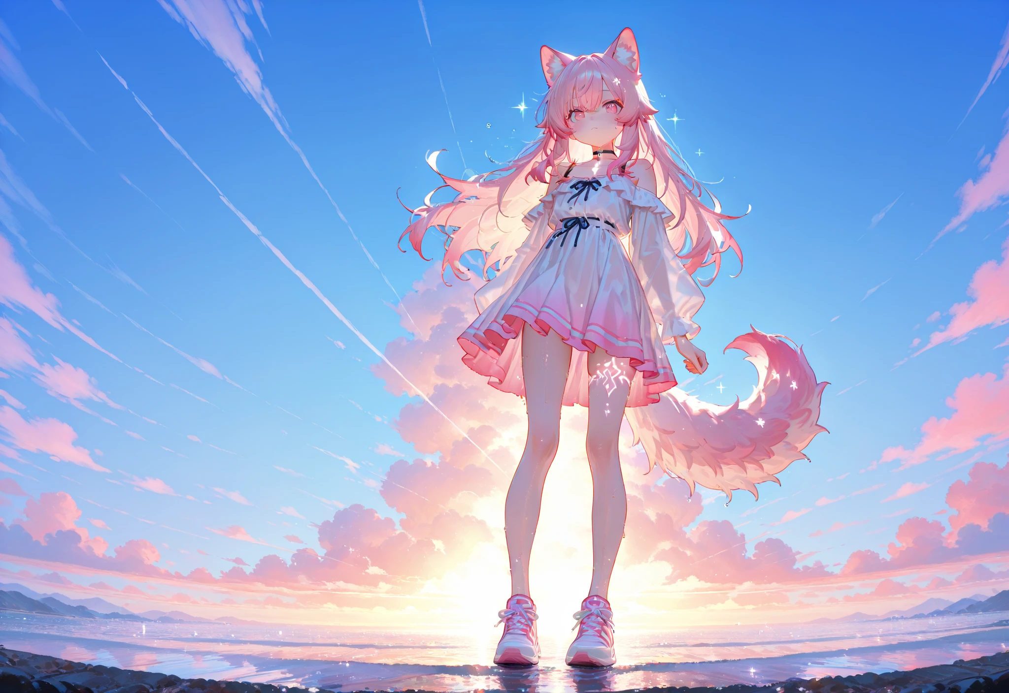 1girl, pink hair, yellow eyes, with cat ears, cat tail, wearing a plain white T-shirt, denim shorts, all wet, at beach, golden sunlight, 8k, looking at viewer