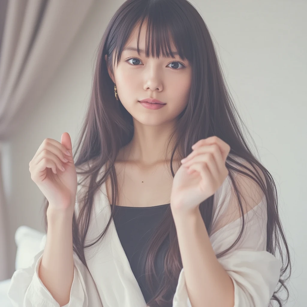 Very cute brown haired Japanese girl,She's pure but looks a bit like a gal.