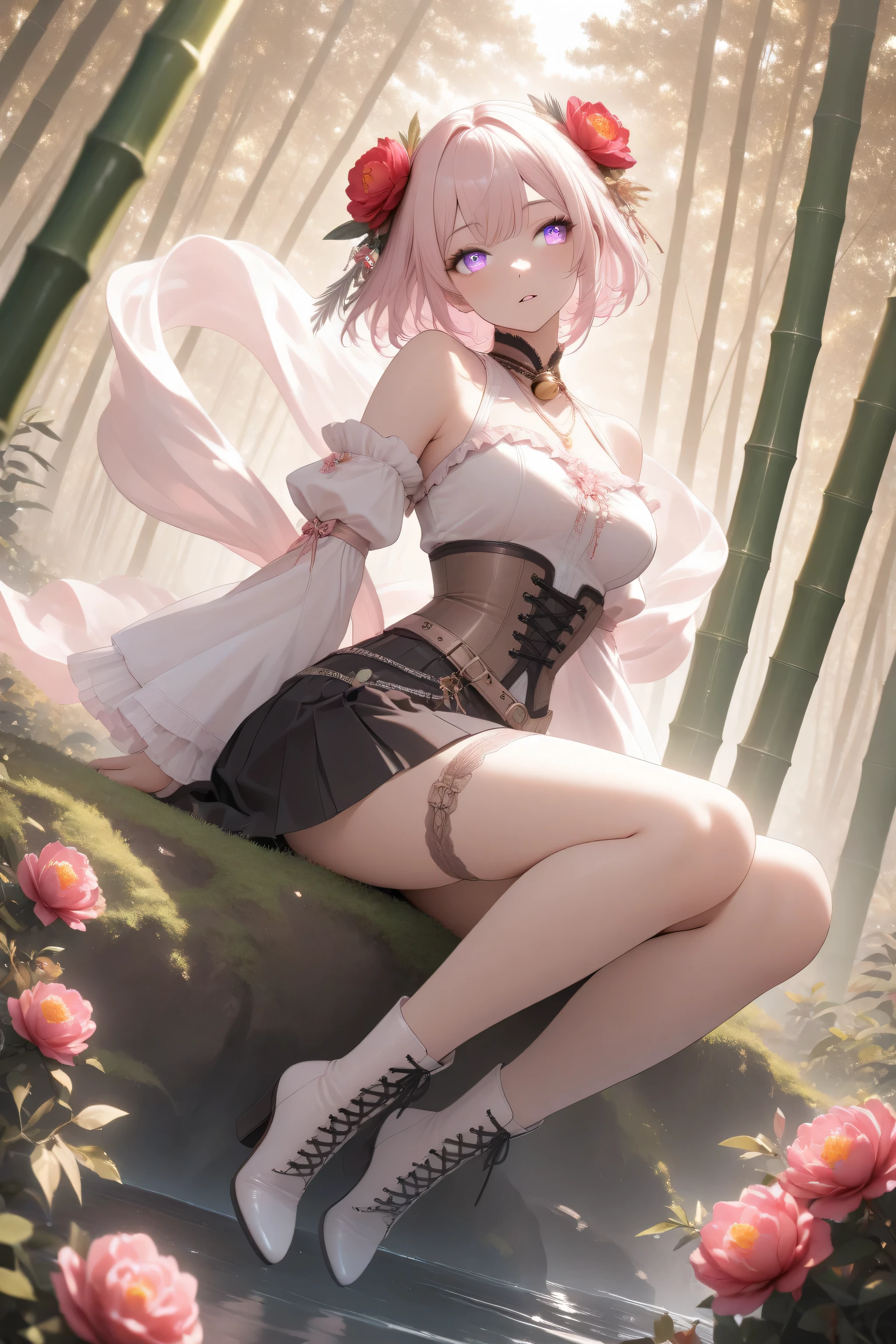 1 girl, violet eyes, light pink hair, short hair, cool, beautiful, medium breast, very cute, lovely, kawaiihair flower, roses, light brown vintage Pleated blouse with bell sleeves and bare shoulders brown vintage-gothic lace-up corset, long black gothic skirt with ruffles, heeled boots, Delicate belt chains with feather jewelry, white theme, light brown theme, necklace, bamboo, flower, hair flower, red flower, peony (flower), hair ornament, weimao, hagoromo, yaopei, zhijupao, leg ribbon, solo, full body, sitting, head tilt, looking away, parted lips, from side, ((dynamic angle)), dynamic pose, outdoors, nature, (blending, surreal:1.3), masterpiece, best quality, amazing quality, very aesthetic, 8k, HDR, cinematic,