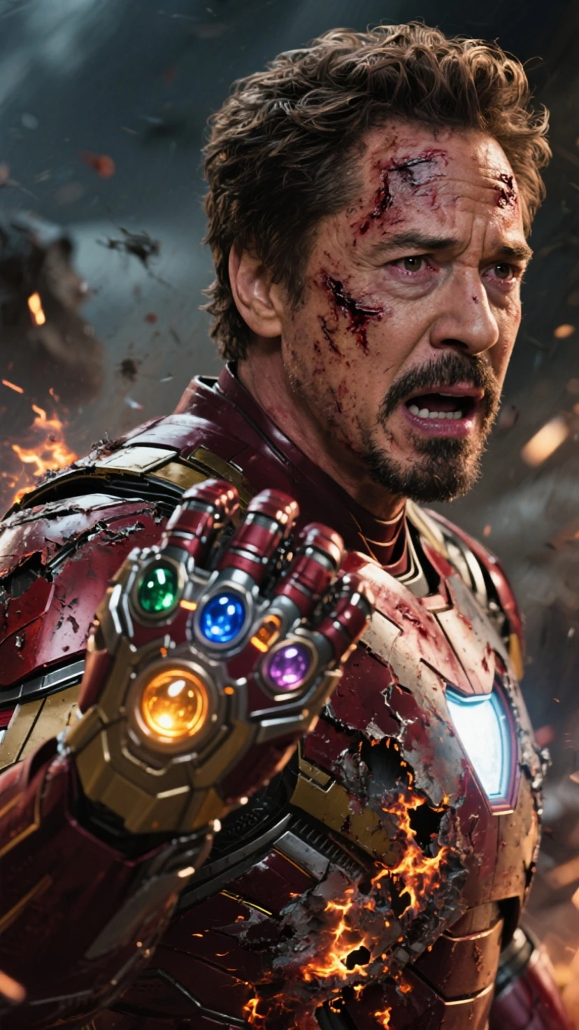 **Main Subject**: The image depicts a man Robert Downey Junior wearing a modified Iron Man suit, with the helmet removed to reveal his face. Robert Downey Junior The man is screaming or yelling with an intense expression.
2. **Facial Features**: The man's Robert Downey Junior face is clearly visible. He has a rugged appearance, with a goatee and slightly long, disheveled hair, wet from the rain. His mouth is wide open in a roar, revealing his teeth, and his eyes are glowing a menacing red, giving him a sinister or possessed look.
3. **Eyes**: The glowing red eyes are a striking feature, adding a supernatural or enraged element to his expression, contrasting sharply with the dark, wet environment.
4. **Armor Details**: The armor is primarily purple with gold and dark gray accents, characteristic of Iron Man's suit. The design is detailed with visible joints, plating, and technical components, all rendered with high realism.
5. **Arc Reactor**: The triangular arc reactor in the center of his chest is glowing brightly with a bluish-white light, emitting a soft glow that contrasts with the darker tones of the armor.
6. **Lighting and Rain**: The scene is set in a rainy environment, with raindrops visible on the armor and water streaking down his face. The lighting is dim, with the rain and the forest in the background shrouded in shadows, enhancing the dramatic effect. The wetness of the armor reflects the ambient light, adding realism to the scene.
7. **Environment**: The background is blurry but suggests a forest setting, with tall, dark trees partially obscured by rain and mist. The atmosphere is gloomy and foreboding, contributing to the intense mood of the image.
8. **Pose**: The man is depicted from the waist up, facing directly forward. His posture is tense, with his shoulders slightly raised, emphasizing the power and aggression in his scream.
9. **Armor Damage and Wear**: The armor appears to be slightly weathered, with some scratches and scuffs visible