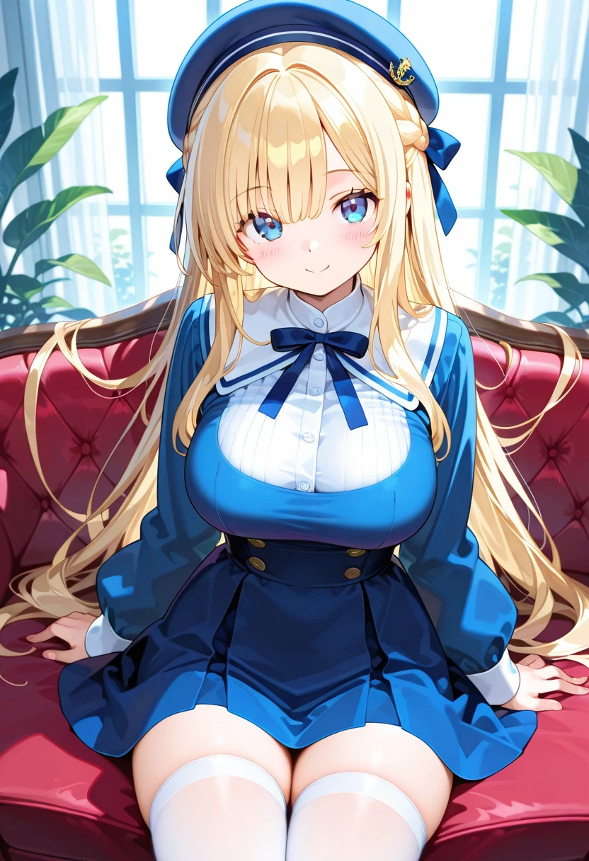 a cartoon woman with bright long blond hair in a blue dress, 1girl, solo, long hair, blonde hair, gloves, drill hair, ringlets, breasts, indoors, room background,Luviagelita_Edelfelt, 1girl solo long hair blonde hair dress drill hair brown eyes hair ribbon white boots, depth of field, masterpiece, best quality