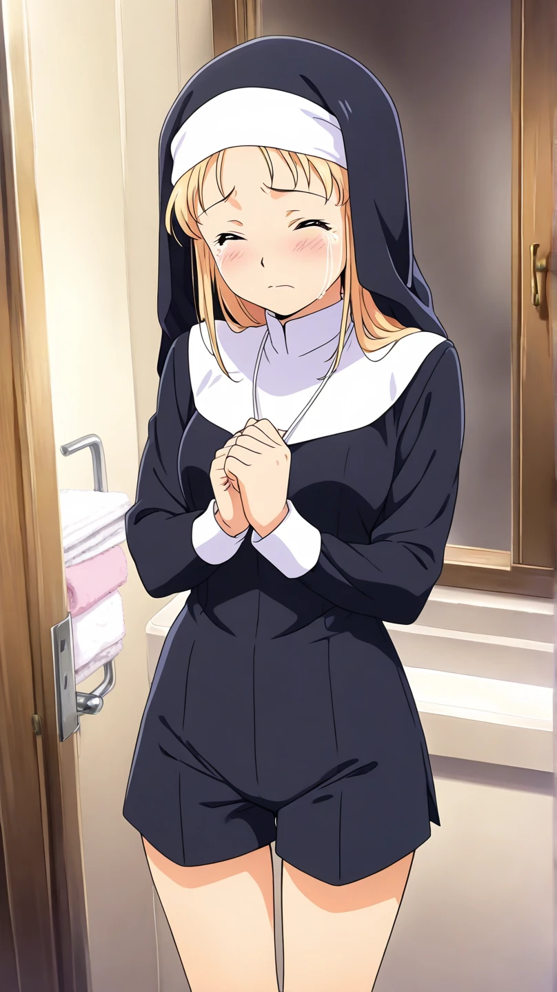 masterpiece, best quality, official art, professional artwork, highres, lens flare, (vibrant_color:1.2), CG, (ultra detailed), 8k, 4k, perfect face, perfect eyes, <lora:Eloise_sussex-10:0.8>, girl, solo, smile, closed mouth, breasts, looking at viewer, large breasts, long sleeves, white dress, closed mouth, covered nipples, frown, own hands together, nun, own hands sides, habit, frontal view, (from below:1.5), detailed hips, sitting on bed, hotel room, blush