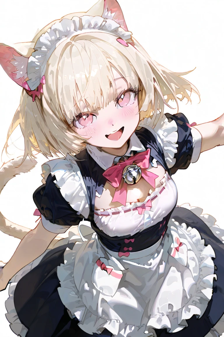 catgirl with white air standing in a cat pose, cat ears, black big cat claws as gloves. Cute, open mouth as meowing, smirk confident look, maid dress, high quality, perfect eyes, anime manga style, cute and sexy 