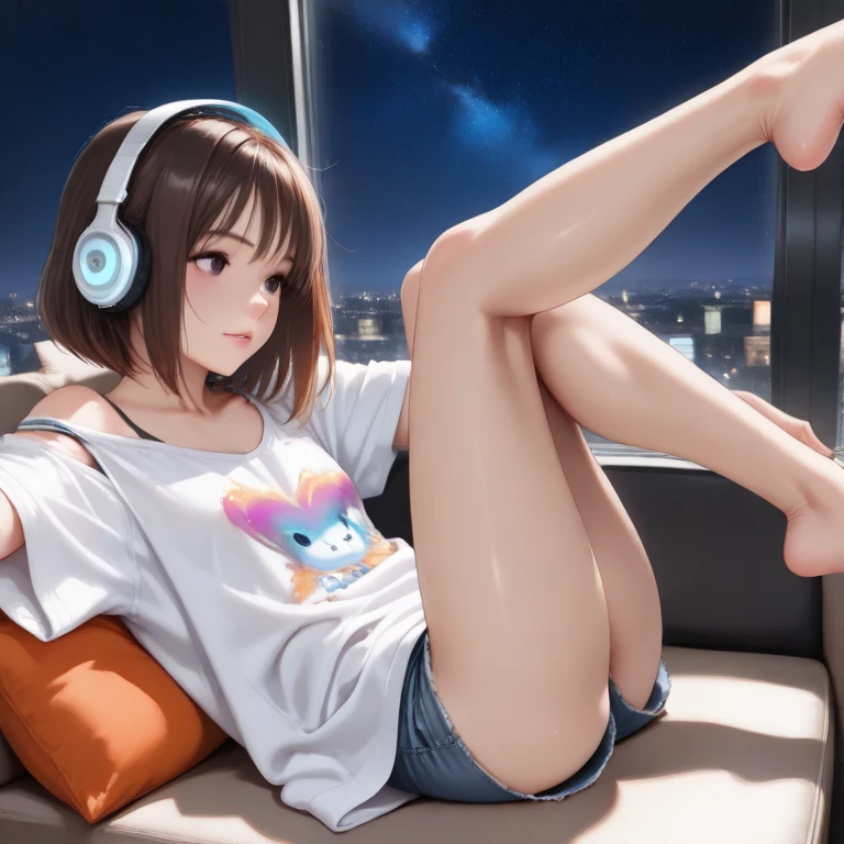 Girl with headphones enjoying music in a cafe I am studying Emphasize a little bit of the chest