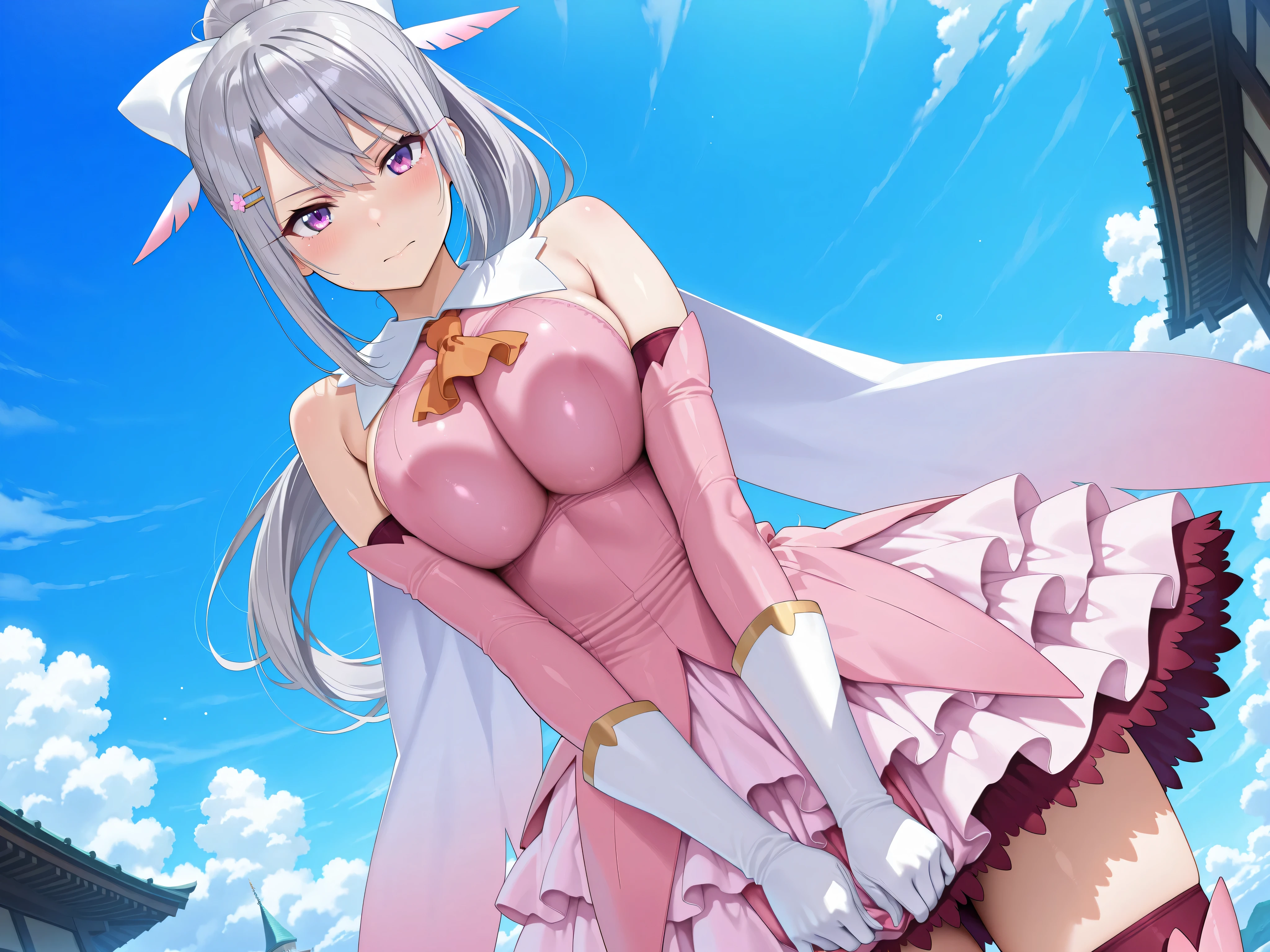 solo,masterpiece,best quality, amazing quality, highres, absurdres, very aesthetic, high resolution, ultra detailed, perfect details,nijikaede,purple eye,grey hair,long eyelashes,long hair,ponytail,white bow,hair pin, prisma illya cosplay, prisma illya (cosplay), dress, elbow gloves, feather hair ornament, feathers, frilled dress, frills, gloves, hair ornament, layered gloves, magical girl, orange ascot, pink dress, pink feathers, pink gloves, pink sleeves, white gloves,,tsurime,medium breasts,look at viewer,anime screencap,mature female, (masterpiece, detailed:1.2)、breasts squeezed together,
