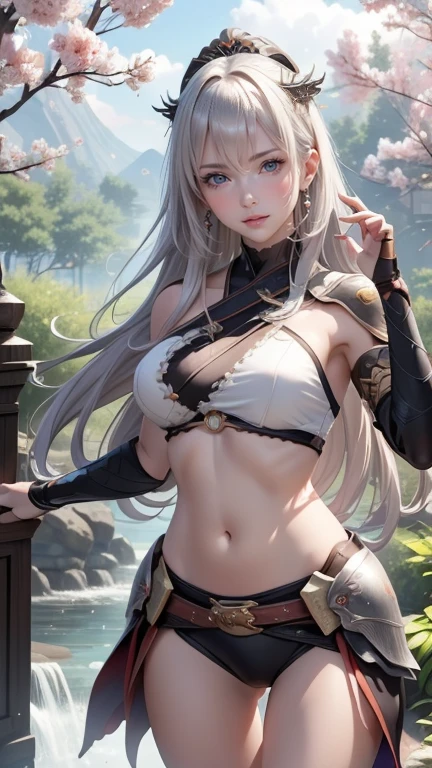 (High resolution、4k、masterpiece:1.2)、((Super detailed:1.2))、(realistic、realistic:1.37)、Girl robot married in Japan、bridal gown、mechanical limbachine body、Glossy white and silver translucent glass and plastic、delicate lace dress、Looks like fun、Bright colors、cherry blossom background、bright sunshine、very intricate details、female elf、beautiful waist、belly button、big ass、exposed metal skeleton、1 cyborg girl、Detailed hydraulic cylinder Sumerian origin、Raw skin exposed in the cleavage、big and plump breasts、(random pose、dynamic pose:1.2)