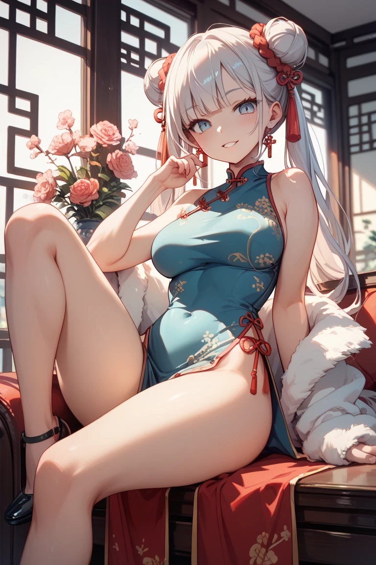 This is、It is a close-up of an anime woman dressed in white sitting on a chair with her legs open, 1girl in, Solo, Dress, chinese clothes, Hair Ornament, qipao dress, breasts, Looking at Viewer, flower, Red Eyes, Hair Flower, Small breasts, Sitting, Red panties, Grey Hair, thighs thighs thighs thighs, Sleeveless, Bare shoulders, Parted lips, Red flower, Sleeveless dress