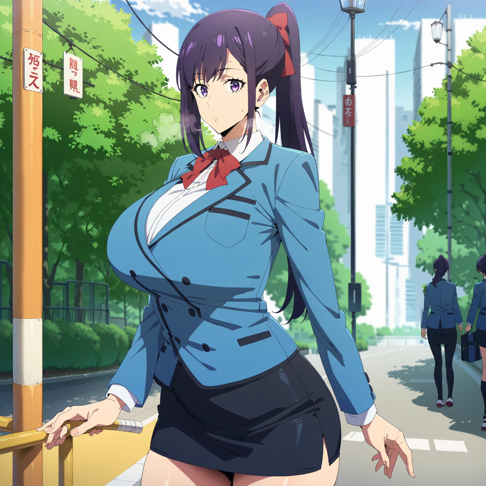 ((1girl, 1old man)), ((skirt lift:1.4)), ((An old man grabs a woman's skirt)), The old man laughs evilly, (gigantic breasts:1.7), Anime cel drawing style, Best Quality, High resolution, gigantic breasts:1.8, bra, Highleg Panties, White sailor suit, Short sleeves, red neckerchief, Blue skirt, blue eyess, Purple hair, Bangs, Side Ponytail, Hair Ornament, embarrassed, fear, blush, looking at viewer, Full body, cowboy shot:1.6, crowded train