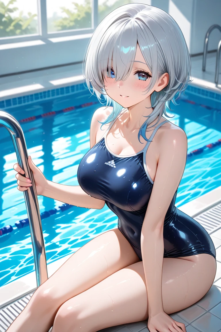 very cute and beautiful girl, (highly detailed beautiful face), (blue school swimsuit), sweat, wet, waterdrop, school swimming pool, looking at viewer, (platinum silver hair:1.5), (airy bob cut:1.6), (bang between eyes:1.4), (glossy silver eyes:1.5), large breasts, little smile, (best quality, masterpiece), absurdres, highres, ultra-detailed, extremely detailed, 32k, cinematic scene, detailed background, solo, (on the table:1.2)