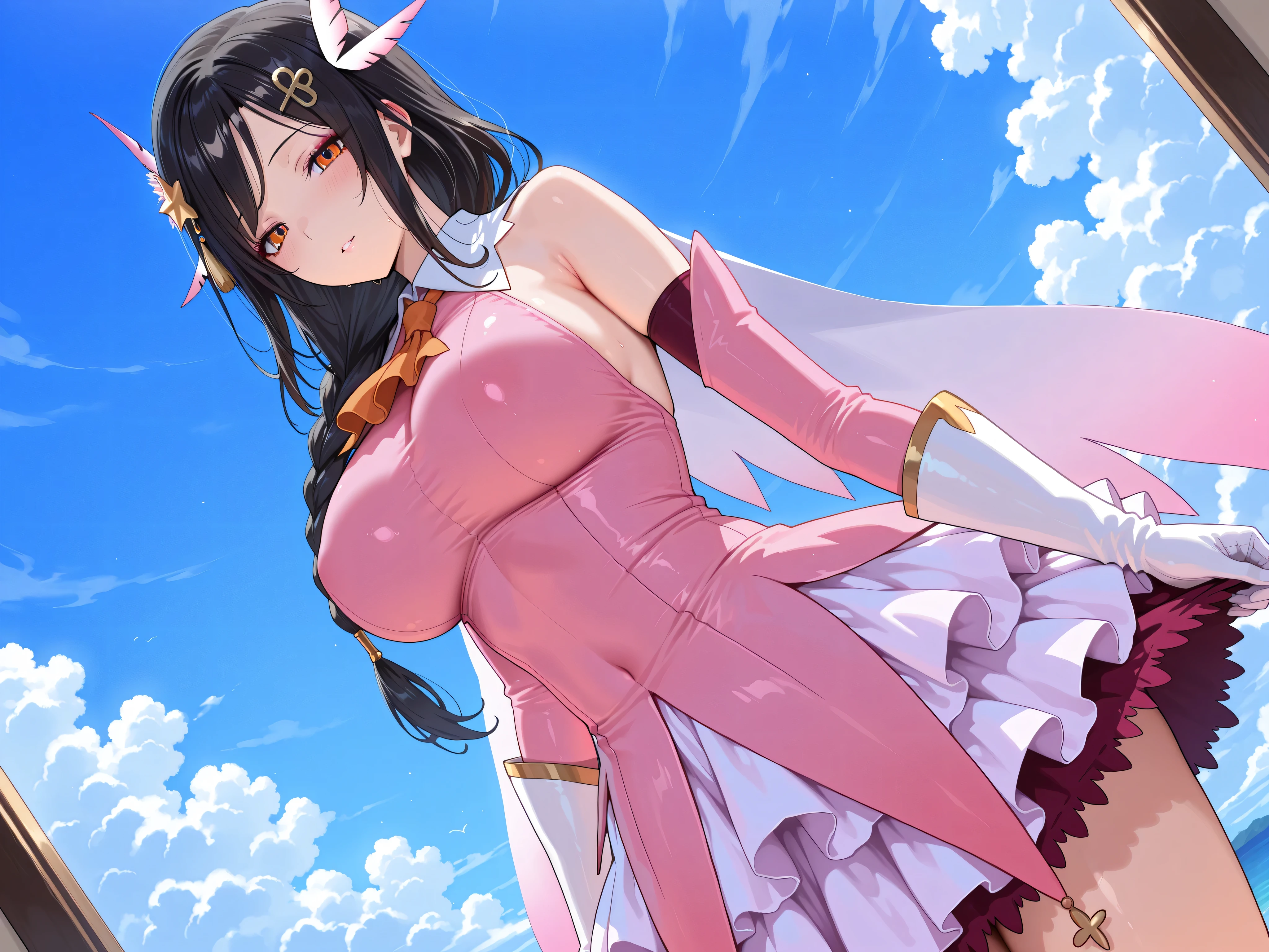 solo,masterpiece,best quality, amazing quality, highres, absurdres, very aesthetic, high resolution, ultra detailed, perfect details,nijitomoe,large breasts,orange eyes,black hair,makeup,long hair,single braid,hair over sholuder,hair ornament, prisma illya cosplay, prisma illya (cosplay), dress, elbow gloves, feather hair ornament, feathers, frilled dress, frills, gloves, hair ornament, layered gloves, magical girl, orange ascot, pink dress, pink feathers, pink gloves, pink sleeves, white gloves,,mature female