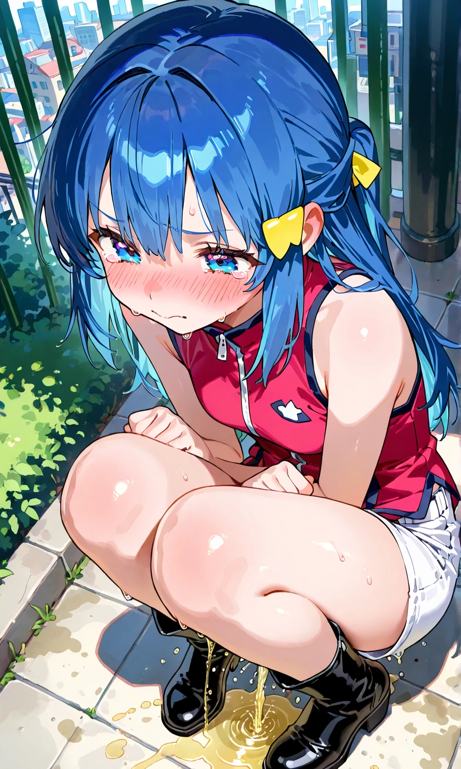 ((best quality)), ((highly detailed)),(((sketch))) extremely detailed face, beautiful face,((1girl)),((solo)),shiny skin,(cowboy shot),(tall body, tall, long legs, mature female, mature, adult),,rimuru_tempest,(light blue hair:1.15), (yellow eyes), ((long hair:1.35)),,(flat chest),((nude:1.35)),nipples,large areolae, ((pussy)),((nose blush:1.31)),(,angry,bad mood:0.89),,(half closed eyes),(looking at viewer),BREAK (sitting)((outdoors:1.25)),((pool:1.45)) ,,BREAK ((twintails)),(hair ribbon:1.25),black ribbon,((spread legs:1.25)),((sweaty:1.25)),((steam:1.21))