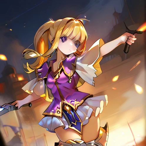 (hyper extreme detailed),(masterpeace),(hyper extreme),(photorealistic),CG,(colour:1.2), beautiful lighting,light from the front, solo, rating:safe,<lora:karin:1>,karin,blond hair,twintails,drill hair,blue eyes,hair ornament,puple short dress,puple miniskirt, sleeveless,wide sleeves,white legwear,boots,