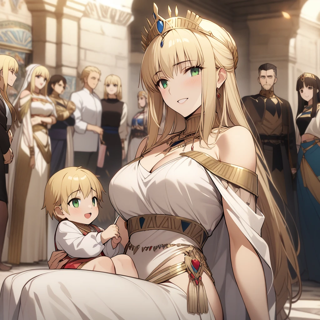 ((highest quality)), ((masterpiece)), (detailed), Perfect Face、(Yuuki Asuna)、(The woman was in her 30s with light blonde hair, a calm look with bright red lipstick, heavy eyeshadow and heavy makeup. An adult mother and her 10-year-old daughter)、((A woman and a man are hugged by many children in a family photo))、((Snuggle up close and personal in a large, luxurious chair, with your body pressed completely against the))、((The woman is wearing a long slit see-through dress with gorgeous gold embroidery, shiny gold boots, and gorgeous jewelry accessories such as jeweled earrings, necklaces, bracelets, and waist chains. She is also wearing a gold see-through skirt with an open front.、A beautiful golden see-through cape with a gorgeous headdress chain))、、Men and women with gorgeous engagement rings、The man gently strokes the woman's head with one hand.、The man is dressed luxuriously、((The man has a strong body and a big dick and balls))、(Woman looks happy)、(((The man is not wearing lipstick or makeup.)))、The man looks satisfied、
