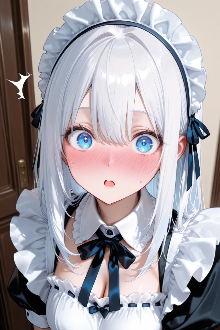 (( Sakuya, maid, Girl, pov, pov male body, pov body skin, hetero, blowjob, Deepthroat pov , penis )), (ultra close distance front face shot), (( niji illustration, midjourney, )), ceiling , 