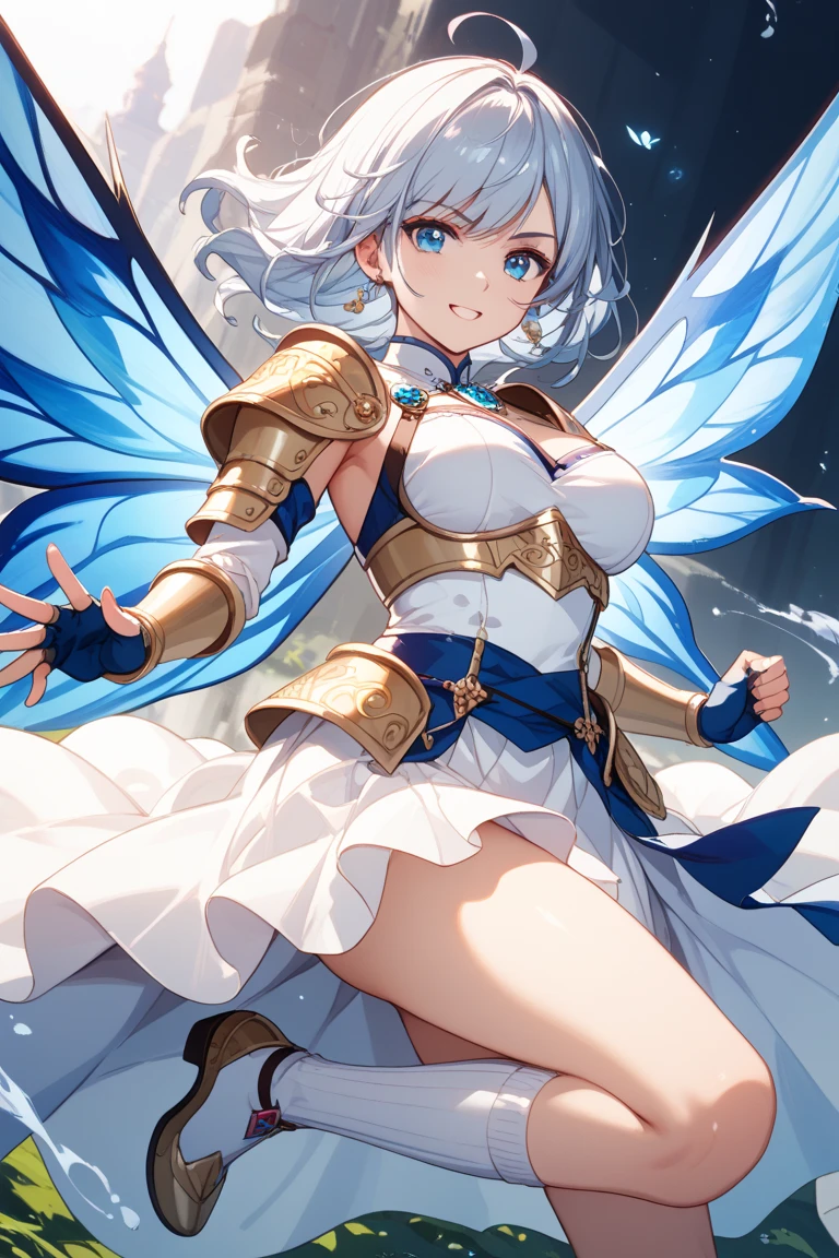 (((masterpiece))), best quality,(noelle_silva),long hair ,twintails,purple eyes,silver hair, bangs, ((water_armor)), earring, wings, blurry background, crown, valkyrie, armored dress, angel, night, holding water sword, fighting stance