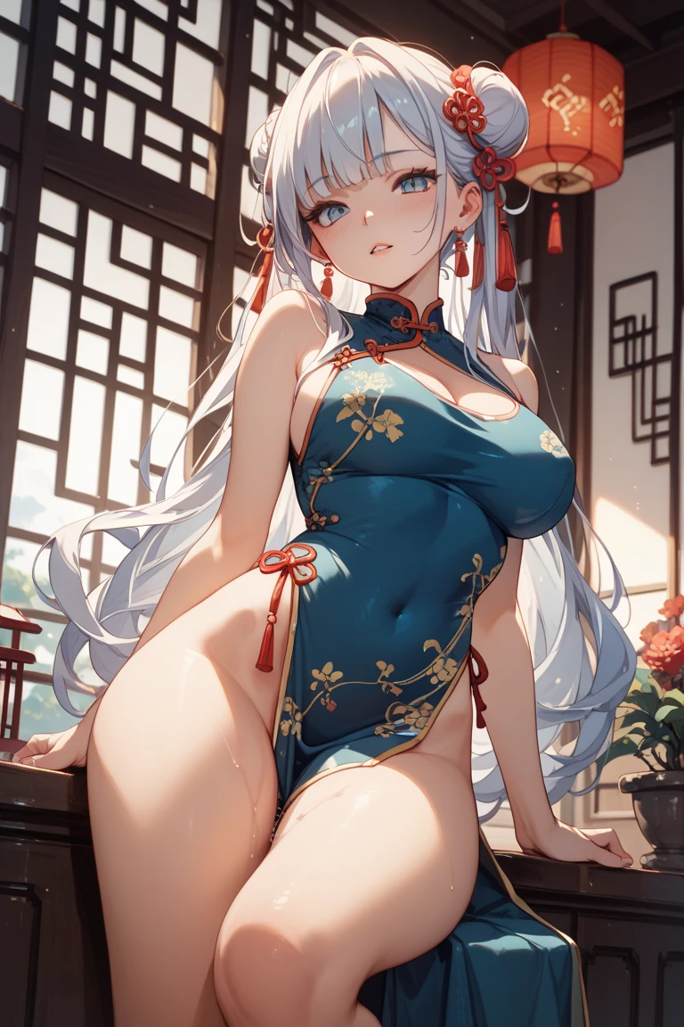 (masutepiece ,Best Quality,Insanely detailed), ancient Chinese theme,1 Absolutely Beautiful Woman,Perfect figure,large boobs,wide hips,narrow waist,long silver hair,(ancient Chinese clothes:1.2),sitting,detailed and beautiful eyes,Twinkle Eyes,Glossy lips,ancient Chinese room,balcony,garden pond,Perfect Anatomy , Perfect five fingers,Attractive,amazing illustration