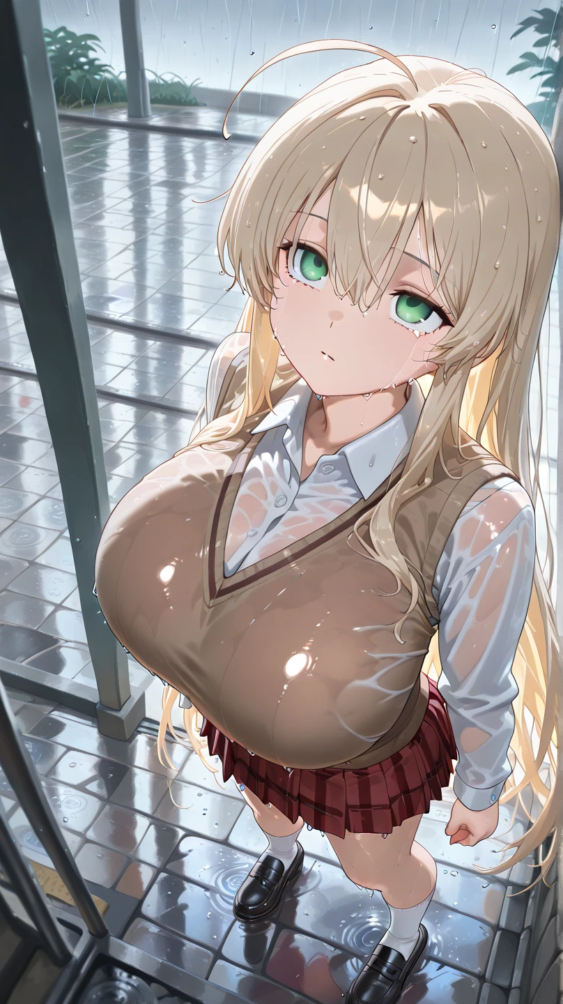 (((score_9, score_8_up, score_7_up, 1girl,solo,long hair,blonde hair,green eyes,ahoge,white hairpin,hair intakes,bow,hairclip))),((iyojima anzu,blond hair,green eye,gigantic breast,))((Perfect body,))((Super beautiful,))((High quality,))pov, Looking at Viewer,sweaty body, shiny skin,nsfw,looking shyly,(Heavy breathing,saliva,blush, sweat, Sweaty and wet all over,Steam,)