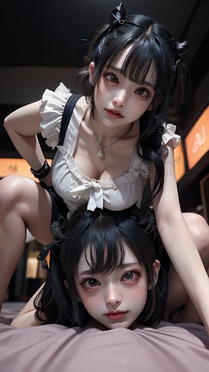 Are you okay、(best illustrations)、8k UHD resolution、intricate details、highest quality、realistic、super detailed、best lighting、best shadows、soft lighting、ultra hd、超realistic、Tyndall effect、Photoreal、(high detail skin:1.2)、 (intricate details, compensate, Pueros face_v1:0.5), (Detailed Beautiful and Delicate Face, Fine, beautiful and delicate eyes, perfectly proportioned face, high definition skin, fine skin, Optimal ratio of 4 fingers and 1 thumb, arm under chest, red tattoo on lower stomach、wow wow, wide hips, smooth abdomen, skin is thin and thin, __fashion__, __hair__:1.25)、Digital single-lens reflex camera、 absurd、(table top: 1.3), (maximum resolution: 1.2), (Ultra HDTV: 1.2), cinematic light, fine eyes and skin, detailed facial features, , (sharp focus: 1.2), (focus on face:1.2),perfect style, beautiful face, acura, anatomically correct, Highly detailed face and skin texture, fine eyes, double eyelid, thin eyebrows, glitter eyeliner: 1 natural cheeks, Glossy skin, Fair skin: 1.2, (glossy lips: 1.4),(embarrassed look: 1.2),Highly detailed face and skin texture, fine eyes, double eyelid, natural cheeks, glossy lips: 1.4,exposed cleavage、Bewitching。fascinating、Dark black hair、Small Devil、evil nun、Torn monastic clothing、corset、Fishnet tights、chest is emphasized、((((giant glasses, otaku glasses, thick glasses, round glasses)))),(((big breasts)))、The long-haired、Braid、Black hair、Ponytail distortion、, Ponytail with a bow tied at the back of the hair, beautiful expression、body up、Large breasts emphasis、bust, super tight chest, Breast augmentation surgery, The breasts are very big and round,tight waist、wide ass、intricate tattoo, demonic intricate tattoo,Back tattoos、 thigh tattoo, body tattoo, red sparkling gemstone necklace、Jewelry G-Wise, wear black mesh socks,Wearing light red、nffsw, nffsw, meet beautiful girls, look at the girl's body, bat wings,(((devil's horns)))、(devil's tail)、in the dark、(detailed spooky background:0.8), 2 girls、(Girl hugging a girl)、(A dark-haired_length hair_lingerie_View from the front_Being hugged_young girl)、(((Hugging a girl from behind_Grabbing a girl by the shoulders_女の子のlingerieをつかむ_with a girl)))、sit on top、(lie on your back)、bed、