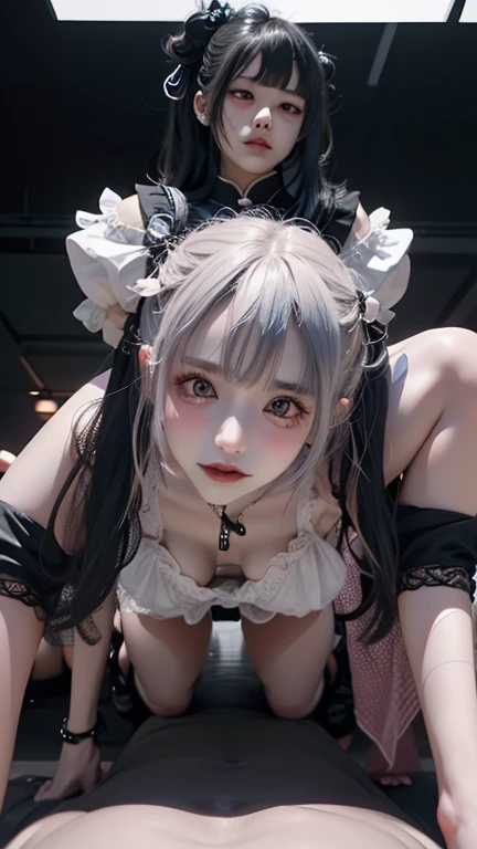 crouched,heart tattoo,Long legs,white stockings,Thin,The color hair,Two ponytails