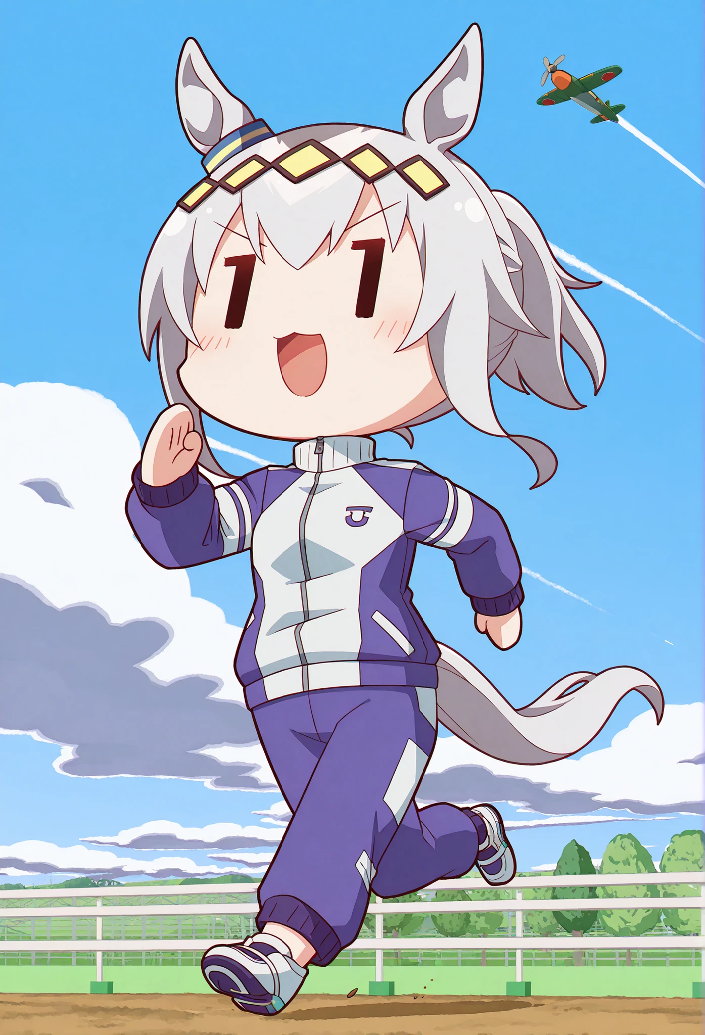 
( chibi:1.3)，Oglicaps \(Uma Musume\), Running, solo, Horse Ears, Tail, horse Tail, open your mouth, jacket, Stupid hair, ponyTail,   underpants, long sleeve, cloud, null, track jacket, Outdoors, chest, day, Different Hairstyles, blue null, shoes, purple   underpants，gray hair，Hair ornament， airplane clouds ，There is a carrot hanging in front of me，saggy，