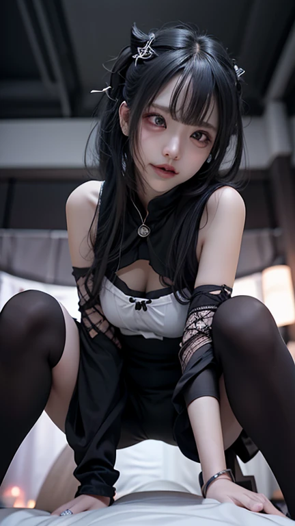 realistic, 1 women, best quality, 12k, HD, long hair, big round breasts, cleavage, ponytail, necklace, jewelry, shorts, short jacket, slim hips, hair tie, yellow eyes, black hair, super detailed, Eye details, hair details, person details, mouth details, face details, breast details, clothes details, hair details, pants details, hand details, whole body