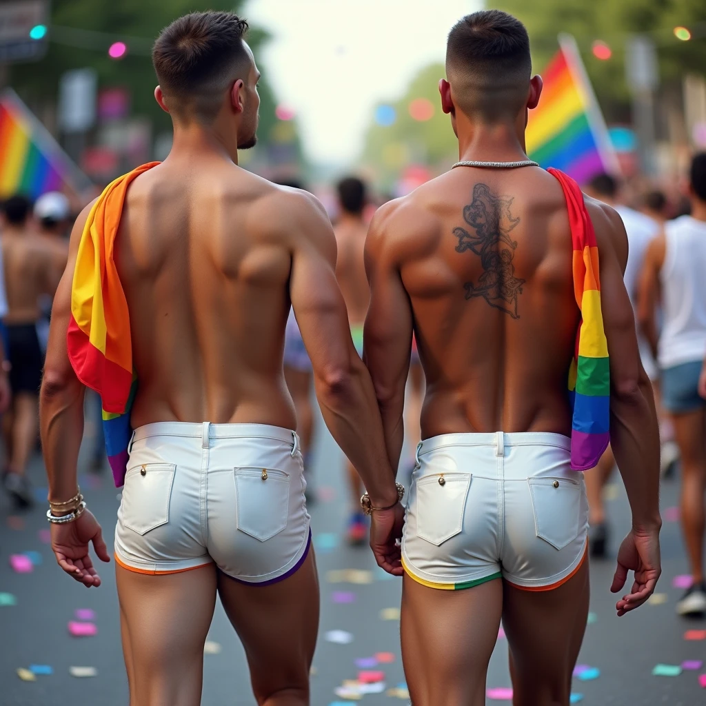 Make a very detailed picture of a shirtless male that is 6 feet 2 inches tall male twunk with big pecs, thicc ass, curvy figure, toned flat stomach, and back length curly black hair ties into a man bun showing off his thicc ass in tight female lace panties in public at pride parade