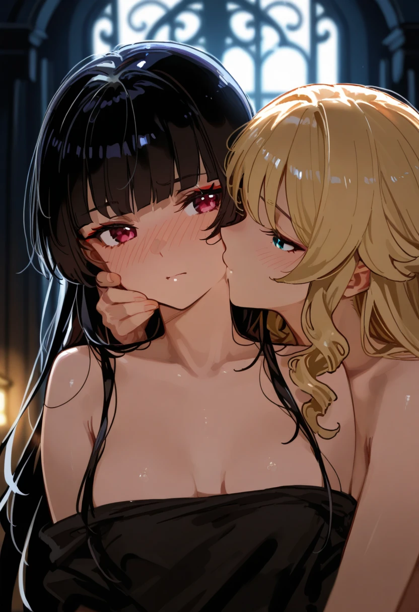 fantastic realism, bokeh, ultra detailed, 2girls facing each other, chest against chest, kiss, black hair and blond girl, underwear, indoors, narrow storage room, detailed background,