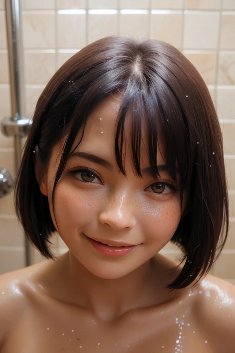 cute adorable naked girl, smiling, on bathroom, sweaty, hyper-realistic, detailed face, beautiful eyes, detailed lips, long eyelashes, gorgeous skin, amazing body, dynamic pose, natural lighting, golden hour, vibrant colors, masterpiece, high quality, 8k, ultra-detailed, photorealistic, wet
