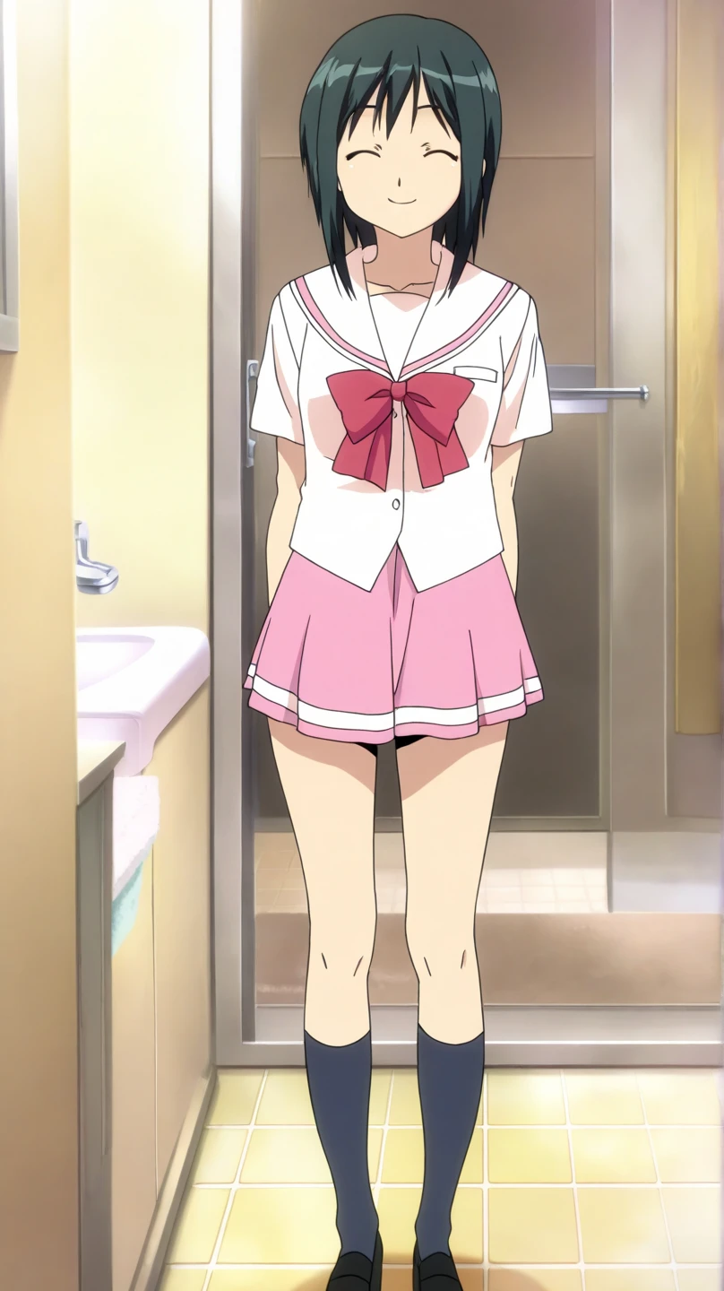 [anime styled]],[[digitalart]],1girl,solo,(portrait),Tomomi_saikyou,black hair,Short hair,bob cut,hair ribbon,midium build,1girl in,short torso,anime screen cap,cel shading,smile, blush,(strong light),((brighten the subject)),classroom,standing,white shirt,short sleeves,summer uniform,((upskirt)),((skirt lift)),(tucking up the skirt),(white panties)