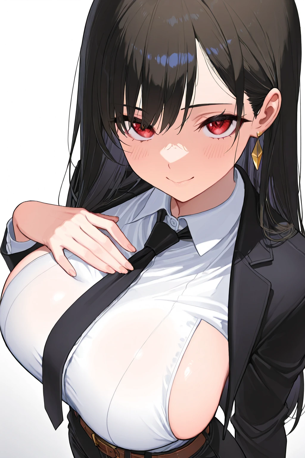 (Highest quality),(masterpiece), 8k,Very detailed, Detailed light, Best Shadow,Detailed reflective eyes, Very detailedな顔,Shiny Hair,Big Breasts,charm,One person,woman,Gloss,Black Hair,Expressionless,Hollow Eyes,Condescending,Beautiful fingers,Beautiful Hands,whole body,Black Suit,black tights,Black-rimmed glasses,OL,office lady,Purple eyes,thick eyebrows,Cool,Open chest,Too eyebrows,Glossの無い目,