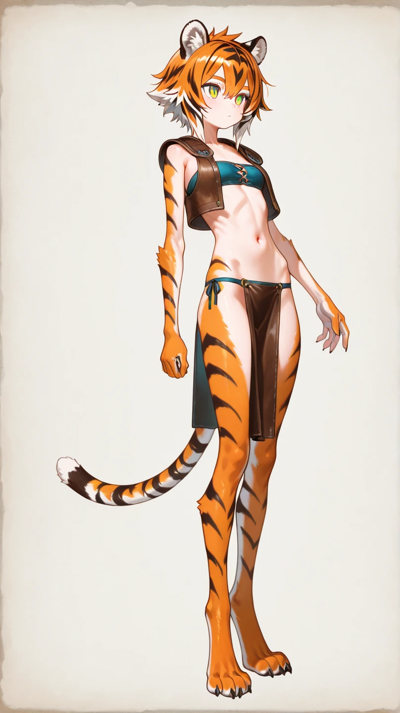 tsundere elf full body toe to head, long hair, blonde hair (green eyes:1.1) pointy ears, elf, multicolored hair, forehead jewel, yellow tiger bikini, standing symmetrical, plain background