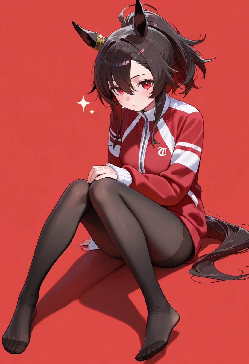 Screenshot of my hero academia,1 girl, long black hair and neck tattoos red eyes with long pretty eyelashes wearing the ua uniform sitting on katsuki bakugo