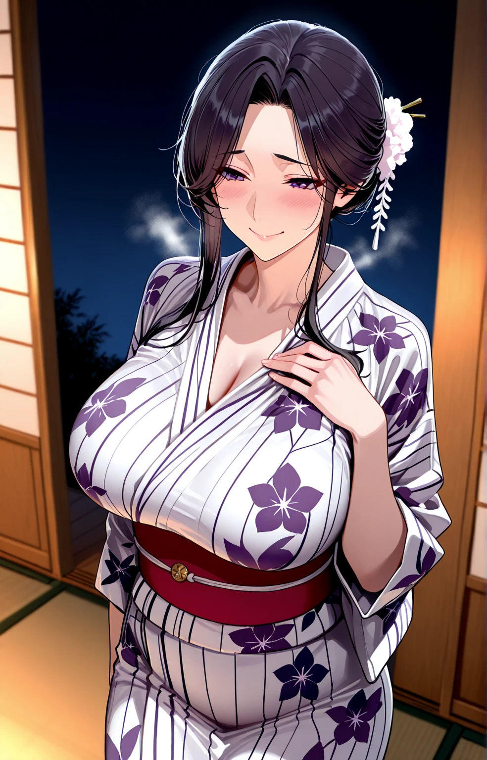 (Night:1.7), Japan, Tokyo, CityView, Before Window,
Standing at attention,
(White_kimono:1.3),cleavage,
black_hair, long_hair, hair_pulled_back,parted_lips,purple_eyes, braid,
1 girl, 24yo,mature female,Beautiful Finger,Beautiful long legs,Beautiful body,Beautiful Nose,Beautiful character design, perfect eyes, perfect face,
looking at viewer, in the center of the image,
NSFW,official art,extremely detailed body, exteremly detailed face, extremely detailed hair, extremely detailed eyes, wallpaper, perfect lighting,Colorful, Bright_Front_face_Lighting,
(masterpiece:1.0),(best_quality:1.0), ultra high res,4K,ultra-detailed,
photography, 8K, HDR, highres, absurdres:1.2, Kodak portra 400, film grain, blurry background, bokeh:1.2, lens flare, (vibrant_color:1.2)
(Beautiful,large_Breasts:1.4), (beautiful_face:1.5),(narrow_waist),