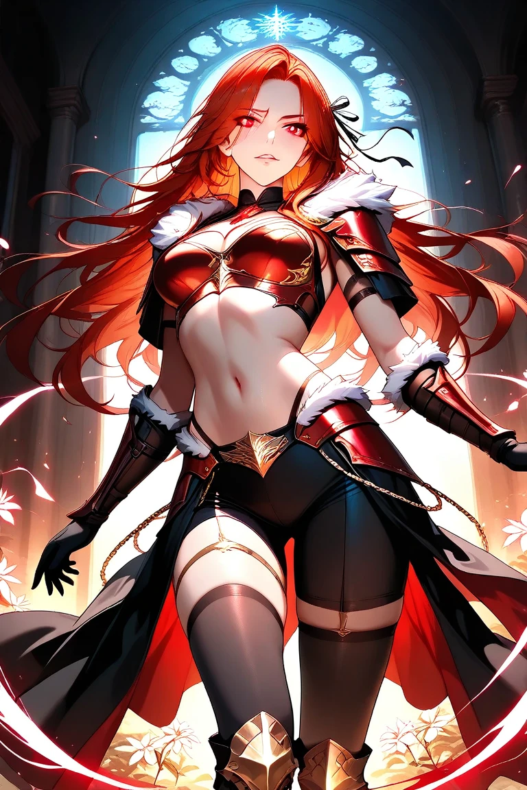 ((dark red hair)), ((dragon horns)), ((deep red eyes)), ((muscular body)) Woman, cold woman, imposing, serious look, cold, fully dressed, serious, full body pose, sword in hands