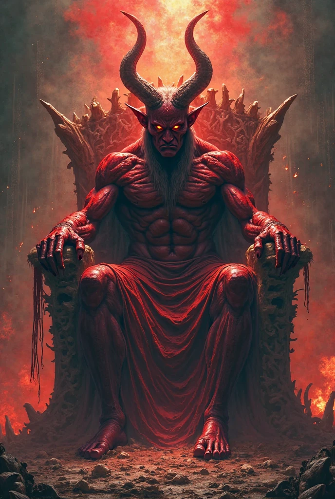 A powerful demon with muscular red skin and dark horns sits wearily on a throne crafted from sharp bones and towering spikes. The demon's expression is one of deep frustration, with its fiery eyes partially closed as it rests its hand on its head. Its body is adorned with a striking blue tie, contrasting with its intimidating, beast-like legs covered in coarse fur. The throne is surrounded by ominous skulls, each displaying a unique expression of horror and torment. The scene is set against a backdrop of a hellish landscape, with a dark, ominous sky and glowing red clouds, evoking a sense of infernal despair