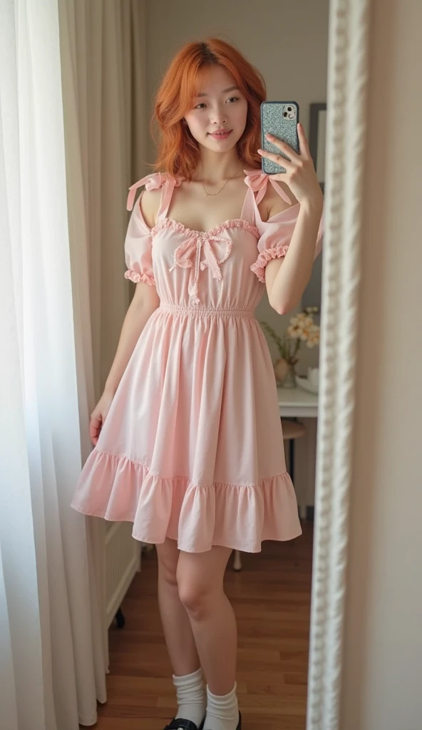 A young girl with porcelain skin and a mischievous glint in her eye, dressed in a frilly pink dress and holding a lollipop, reminiscent of the iconic character from "Lolita" the movie.
