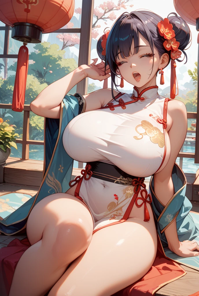 Anime illustration、High resolution、smile、A brown-skinned dancer with huge boobs spreads her legs and flirts in the courtyard of an Arabian palace、Arabian dancer costume with gorgeous decorations、Katsushika Hokusai、Perfect proportions、Cowboy Shot、Extraordinarily large, heavyweight breasts、Plump thighs、Sharp Eyes、Sweaty