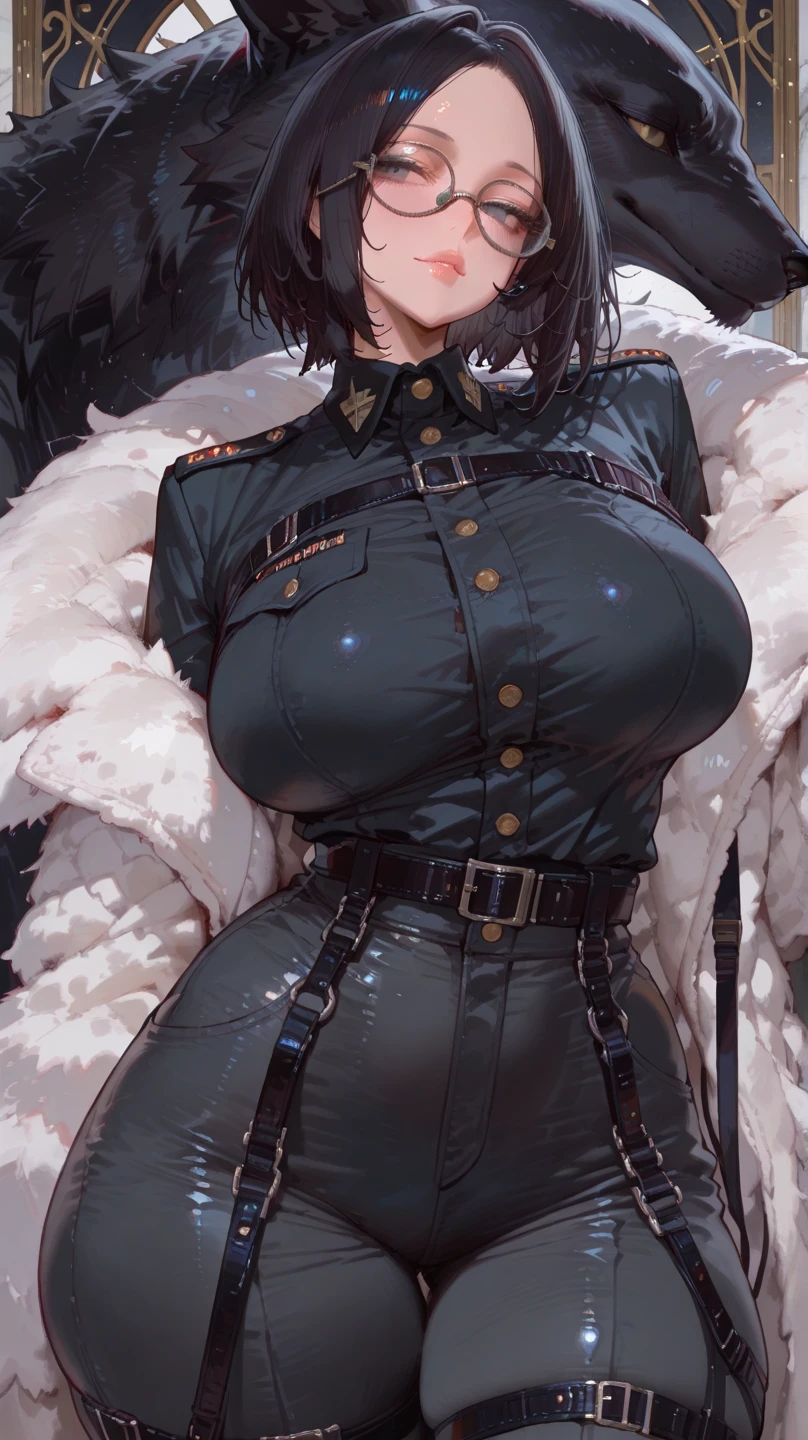 absurdres, best quality, amazing fine details, high resolution, all intricate, masterpiece, awsome many layers,
(((luster glossy shiny metallic outfit))),
bob cut, Diagonal asymmetrical blunt bangs, one eye hidden in bangs, boyish, expressionless, fusion satin and latex military uniform, beret, military skirt, cloak, gloves, boots, tights, Crow Shaped epaulette, whip, necktie, ruthless, brutality, solo, oppressive pose, standing, in street, looking at viewer, outdoor, knee socks, low angle, Garter Belt, panties, tuck up skirt ,holding whip, from below,
detailed surface texture, breast enhancement, gigantic boob, toned female, glamorous perfect female proportion,
evil smile, sadistic, erotic lips, eyeshadow, blush,