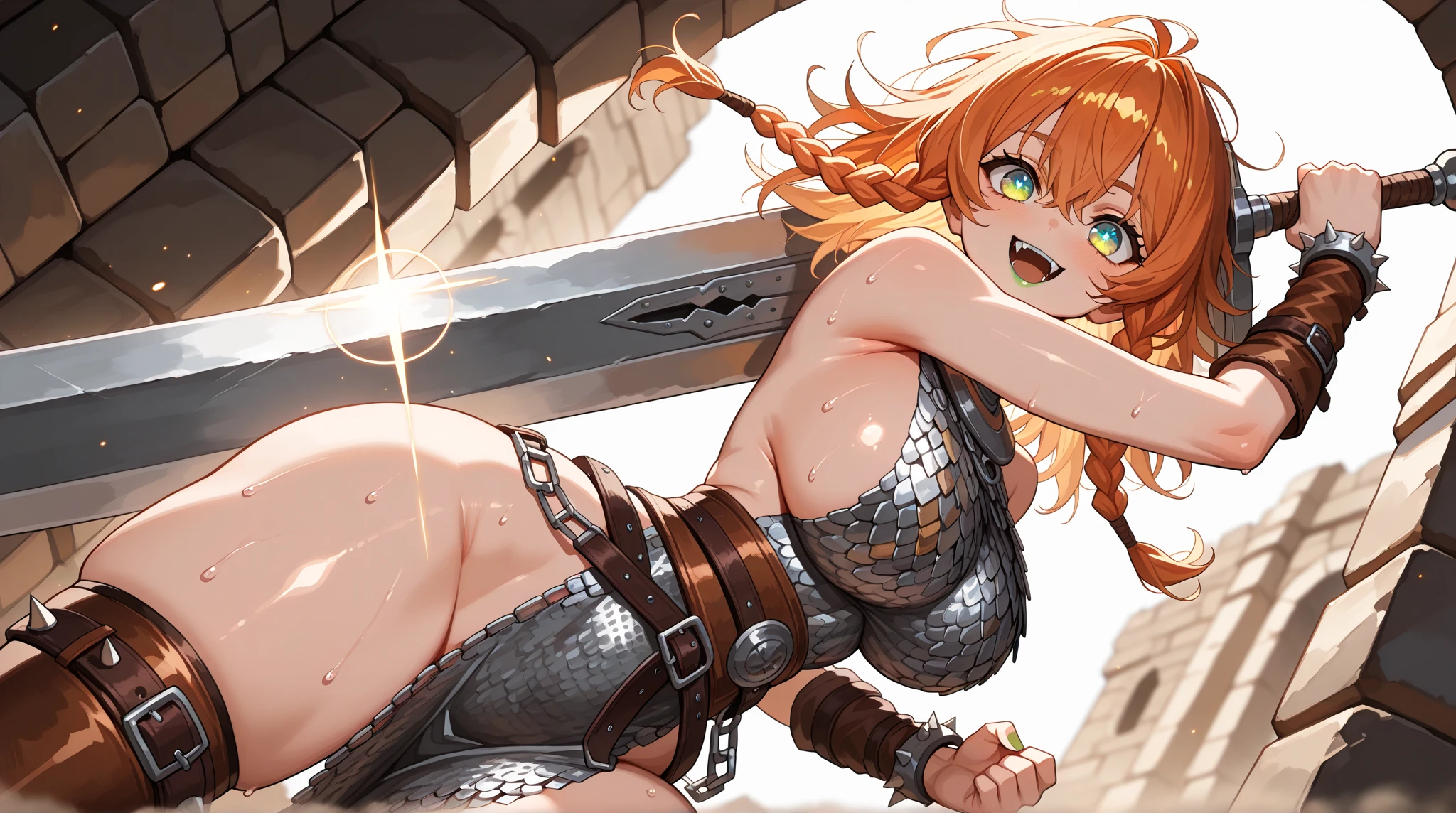 {best quality}, {very aesthetic}, {ultra-detailed}, {best illustration}, nsfw,1girl,Age 25,good anatomy, masterpiece, best quality, realistic, hyper realistic, 16k hdr, (cleavage, damaged body, sweat, beautiful face, mature female, muscular paladin, leg guard, shoulder armor, metal collar:1.2) ,(handcuffs:1.2),(red blush, angry, all fours, top down:1.3),fantasy world, outdoor, old castle, blue sky,(surrounded many Heinous estrus goblins:1.3),(chain leash, pull leash,lead:1.2),((goblin riding, a goblin is riding a girl, grab her head:1.3),(from side:1.1),from above, Dynamic Pose, Dynamic Angle, Micro Panties, (((Gorgeous nipple piercing))),((pointy breasts)),(((womb tattoo)))