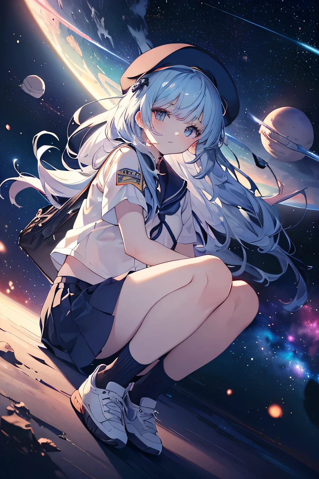 Highest quality,Highest Resolution,A beautiful girl from the future in space,Earth in the background,Milky Way,