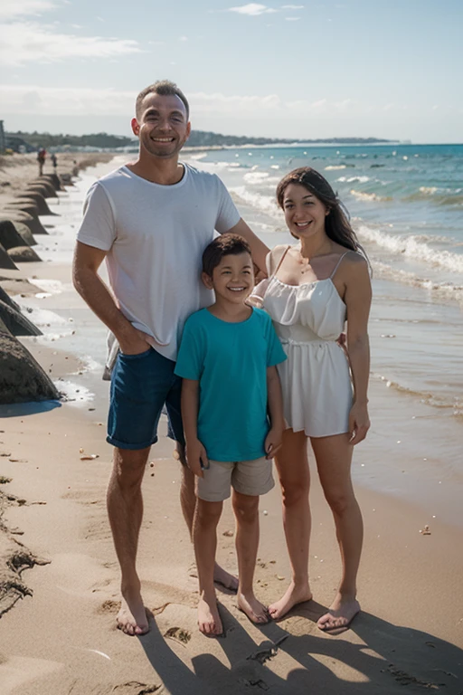 photo of an American family at the beach. Mom is wearing a green baseball cap with brown hair while the father stands next to the mom. They both have one  in front of them. An older 8 year old girl and a younger 5 year old boy. Porta 160 color, shot on ARRI ALEXA 65, sharp focus on subjects, shot by Don McCullin