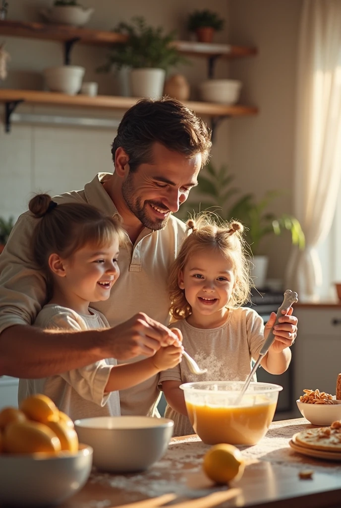 The image shows a family of four in a kitchen. The family consists of a man, a woman, and two young children. The man is wearing a red and white striped apron and is standing in front of a wooden countertop. He is holding a white bowl and appears to be preparing a meal. The woman is standing next to him, wearing a blue striped shirt and has her hair tied up in a bun. The two children are sitting at the countertop, looking at the man and the woman. They are all wearing aprons and appear to be focused on the task at hand.
In front of them, there is a glass jar of milk and a bowl of eggs. The kitchen has white cabinets and a tiled backsplash. There is a sink and a window in the background, and a vase with yellow flowers on the counter. The overall mood of the image is one of family and togetherness.0