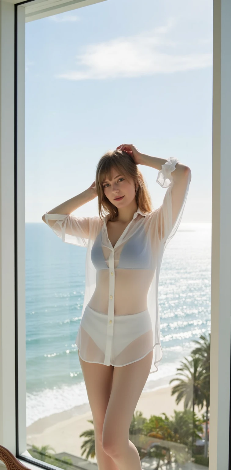 a 25 year old redhead European woman, con ojos azules, mirada sexy, poros detallados de la piel, piel clara, piel grasa, detalles intrincados de los ojos, todo el cuerpo, pechos grandes, Color brillante, vaqueros y camiseta blanca, fondo torre eiffel