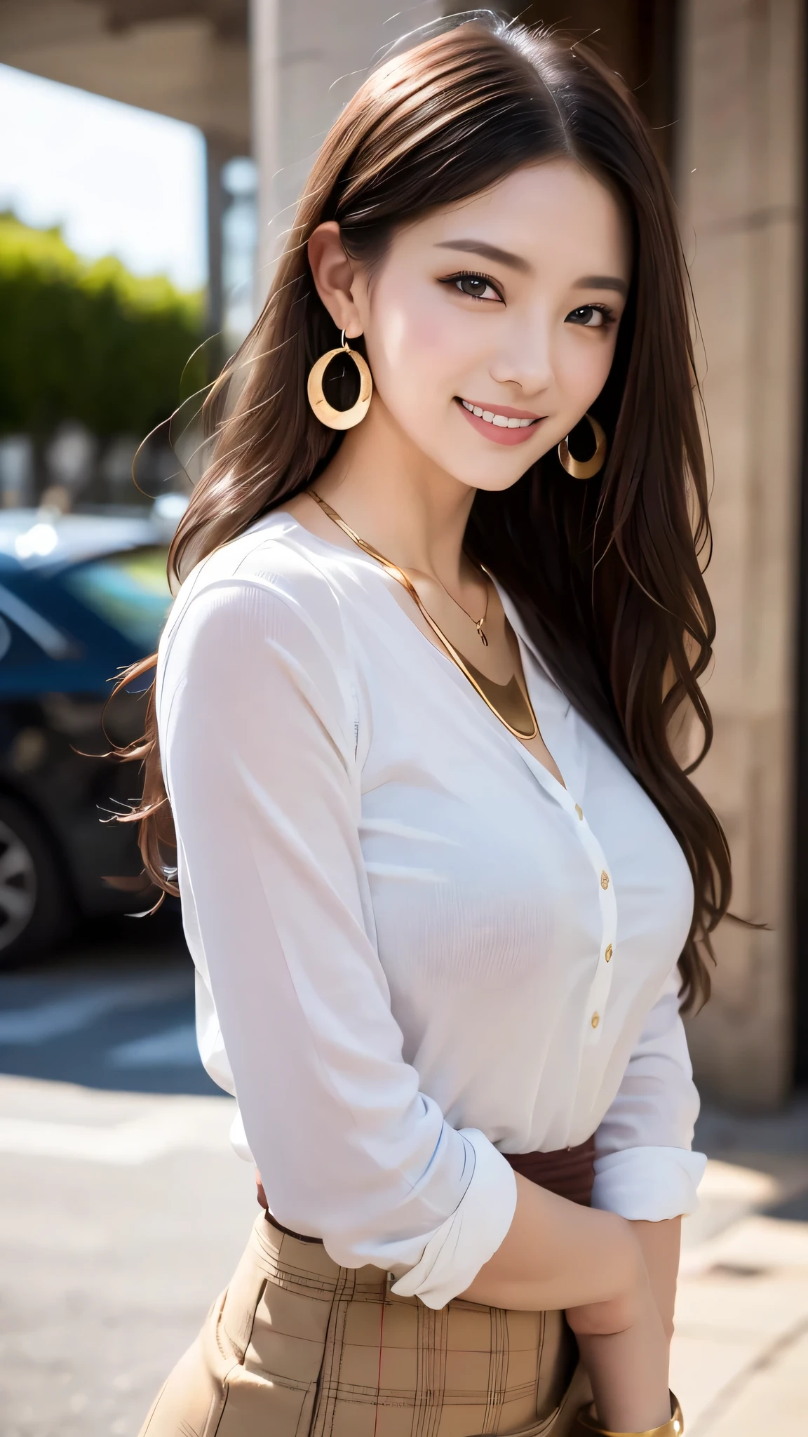 fashion model 18 years old[[[Close-up cleavage]]、[[tits]]]]、[[hip joint]]]]、[[hip joint]]]]、perfect eyes、perfect iris、perfect lips、perfect teeth、perfect skin、Fair skin、soft front light、hdr、movie girls、The background is outdoors,green tree々and flowers,(pastel colour:1.2)((Super long brown hair:1.2))((Hair with loose waves inside:1.2)),((gold necklace_Large earrings:1.2)),((shy smile:1.3)),(inside a private jet、indoor、super detailed background:1.2))((tailored_Blazer_dress:1.5),(pointed_mule:1.4),(Wear an open white shirt:1.3)), 