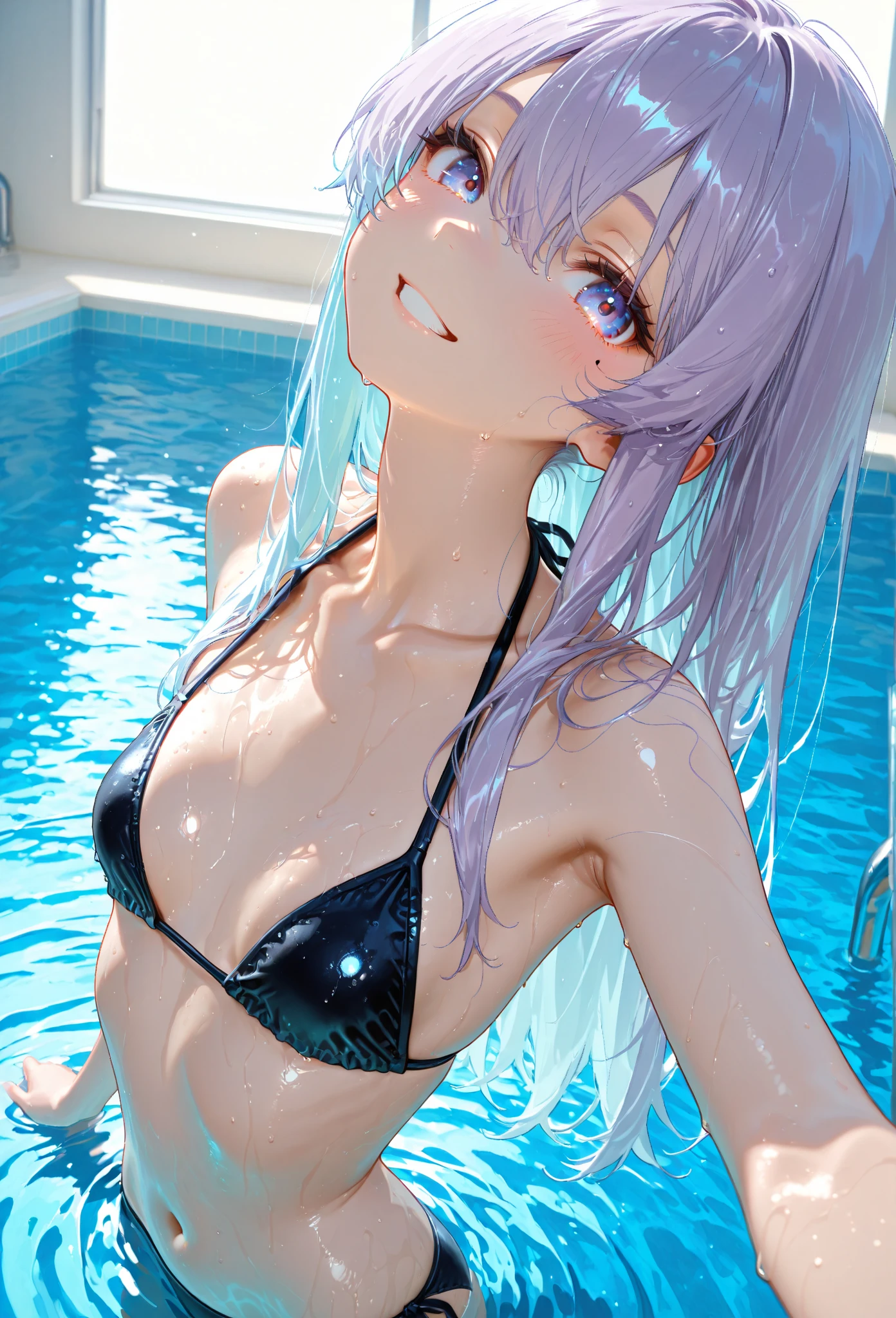 masterpiece, best quality, high detail, 1 girl, gray hair, (orange eyes), purple bikini, sitting at edge of pool, small smile, outdoors, realistic beautiful, upper bod
