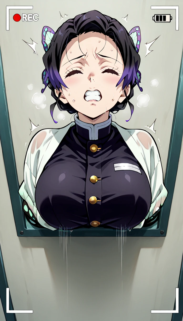 1 girl,((girl being hugged by an old man:1.4)),Black tight suit,blush,serious face,blue eyes,Sweat,black hair,very short hair,big breasts,
