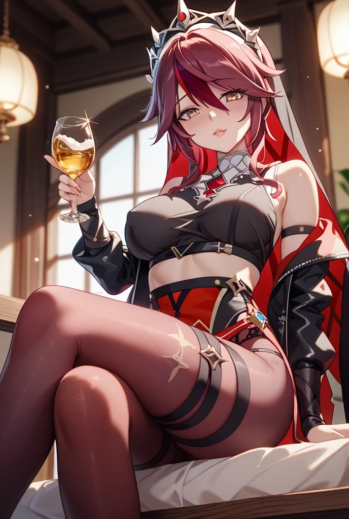 masterpiece, best quality, highres, 1girl, horns,(theresahead), (red eyes), (crying), white dress solo, shoulder armor, dress, very long hair, thigh strap, white dress, (holding big sword), (wearing steel greaves), (wearing steel gauntlets), (wearing chest plate), cleavage, pauldrons, white thighhighs, medium breasts, bangs, detached sleeves, sit on the chair, smiling, drink a tea