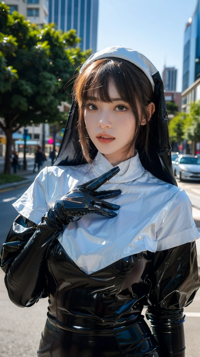masterpiece, best quality, (cityscape:1.4),(street:1.4),(large breasts:1.3), (outdoors:1.3), (photorealistic:1.4), (ultra detailed:1.3), unity 8k wallpaper, 1girl, solo, long hair, jewelry, latex bodysuit, latex gloves, necklace, nun, stabbed by knife stomach