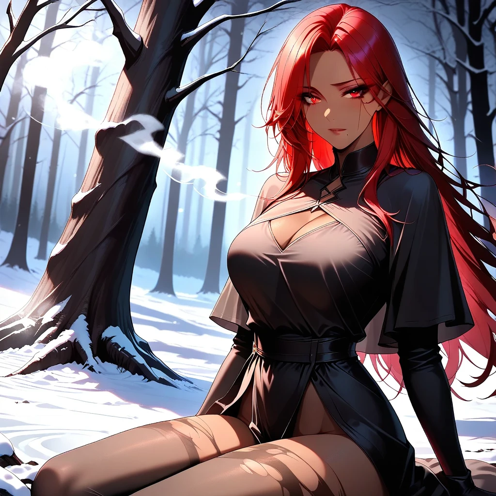 Beautiful woman 40+ dark fantasy, full height, , wide , pale white skin, long white-red hair, red eyes, red lips, open black robe, robe fluttering in the wind, black hood, long black braid, red , red fishnet stockings, black heels, in an abandoned cemetery overgrown with moss, night, full month, thick white fog, dusk, god rays
