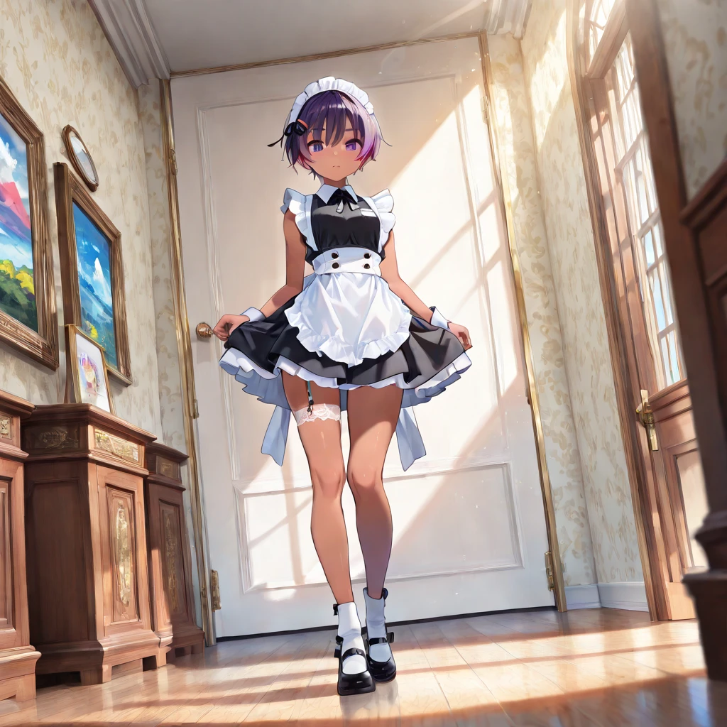 {{{masutepiece}}}, {{{Best Quality}}}, {{Ultra-detailed}}, {{extremely delicate and beautiful}},(nffsw), (Best Quality, in 8K, 32K, masutepiece, nffsw:1.2),elementary student、a photo of a cute girl,8-year-old girl、 of the highest quality, Best Quality, Realistic, Unity, 32k wallpapers, Official art,(Childlike body),(child),(Luxury Maid Clothing:1.5),{Maid costumes}、(long skirt)、(White see-through panties:1.5),(Gorgeous headphones:1.3),(A big smile:1.3),(Sweaty skin:1.5),(Juvenile body),(Unripe々Shishi Body)、Black hair,(Very short hair:1.3),,(,(Full body:1.2),{Sexy body}、(skirt rift :1.7),(White all-lace shorts:1.3),(Fully see-through panties),{See-through-Panty},{Low-rise panties}、{Panties with slits}、{Open panties}、(Panties with a small area)、(Mid summer:1.5),(Angle from below:1.5),(Spread legs),(clean legs),childishオマンコ、オマンコthe shape of the is clear、rather small breasts、flat breast、{{Dress is sheer}},{lace dresses},{Dresses with visible breasts},{Small Panties},{Panties are transparent},{Papillae visible through clothes},{Pink papillae}、pointed papillae 、{{pointed Nipple}}、オマンコthe shape of the is clear、{Pinkオマンコ},Pink、{Through the pantiesマンコ}、{Panties that dig into the buttocks},{Bold open-legged pose}、{Vulgar poses}